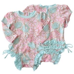 Long Sleeve Rash Guard with Ruffle Bottom in Ocean Pearl